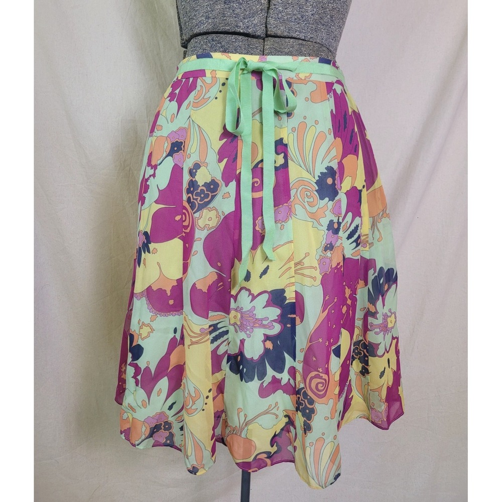 Vintage 90s Y2K Psychedelic Knee Length Skirt Silk Floral Bright Mod Gogo 10 M/L